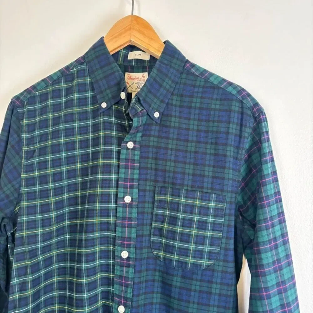 J Crew Broken-In Oxford Plaid Shirt Men’s Small Blue Green Button Down BD642